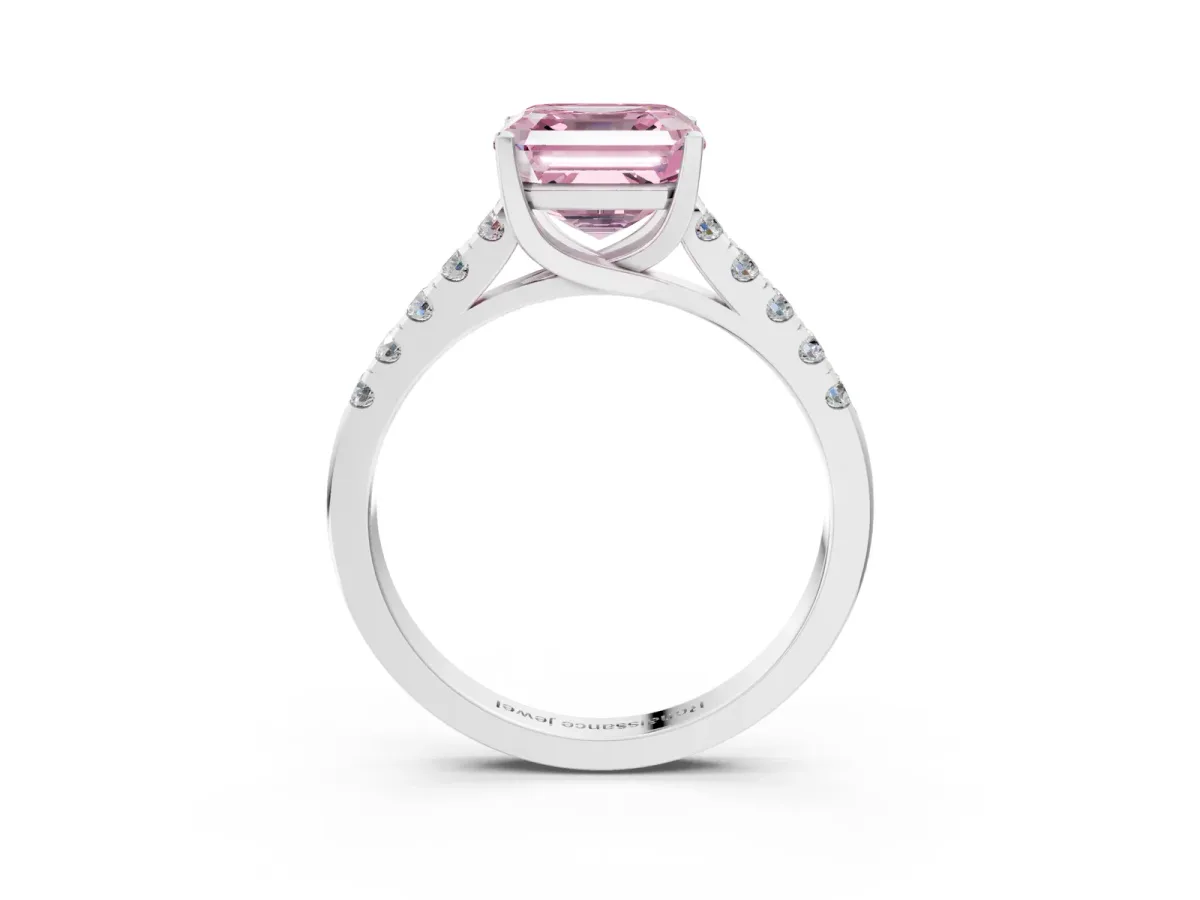 Fancy Pink Asscher Cut Diamond Pavé Band Solitaire Ring with Prong Setting Platinum