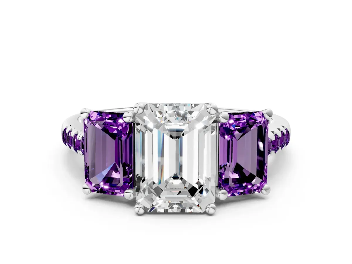 Three-Stone Emerald Cut Diamond Ring with Round Amethyst Pavé Band and Prong Setting Platinum