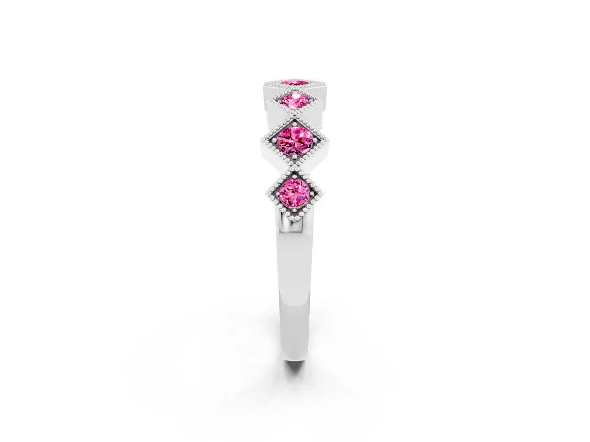 Milgrain Square Bezel Round Pink Sapphire Chevron Band Platinum