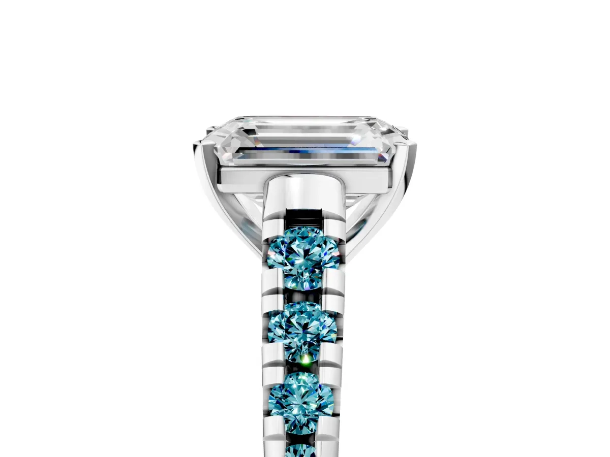 Emerald Cut Diamond Cathedral Solitaire Ring with Round Blue Topaz Pavé Band Silver