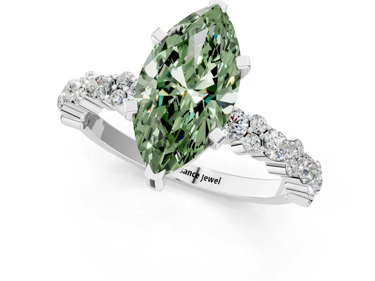 Fancy Green Marquise Cut Diamond Side Stone Solitaire Ring with Round and Four-Prong Setting Platinum
