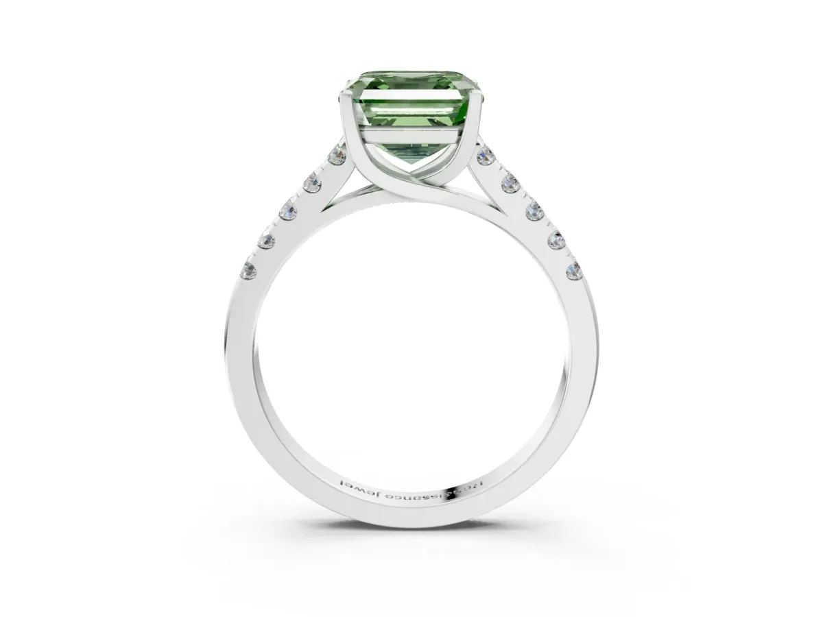 Fancy Green Asscher Cut Diamond Pavé Band Solitaire Ring with Prong Setting Platinum