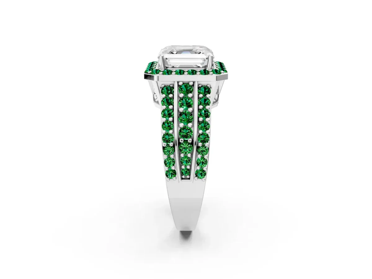 Asscher Cut Halo Diamond Ring with Round Emerald Split Shank and Prong Setting Silver