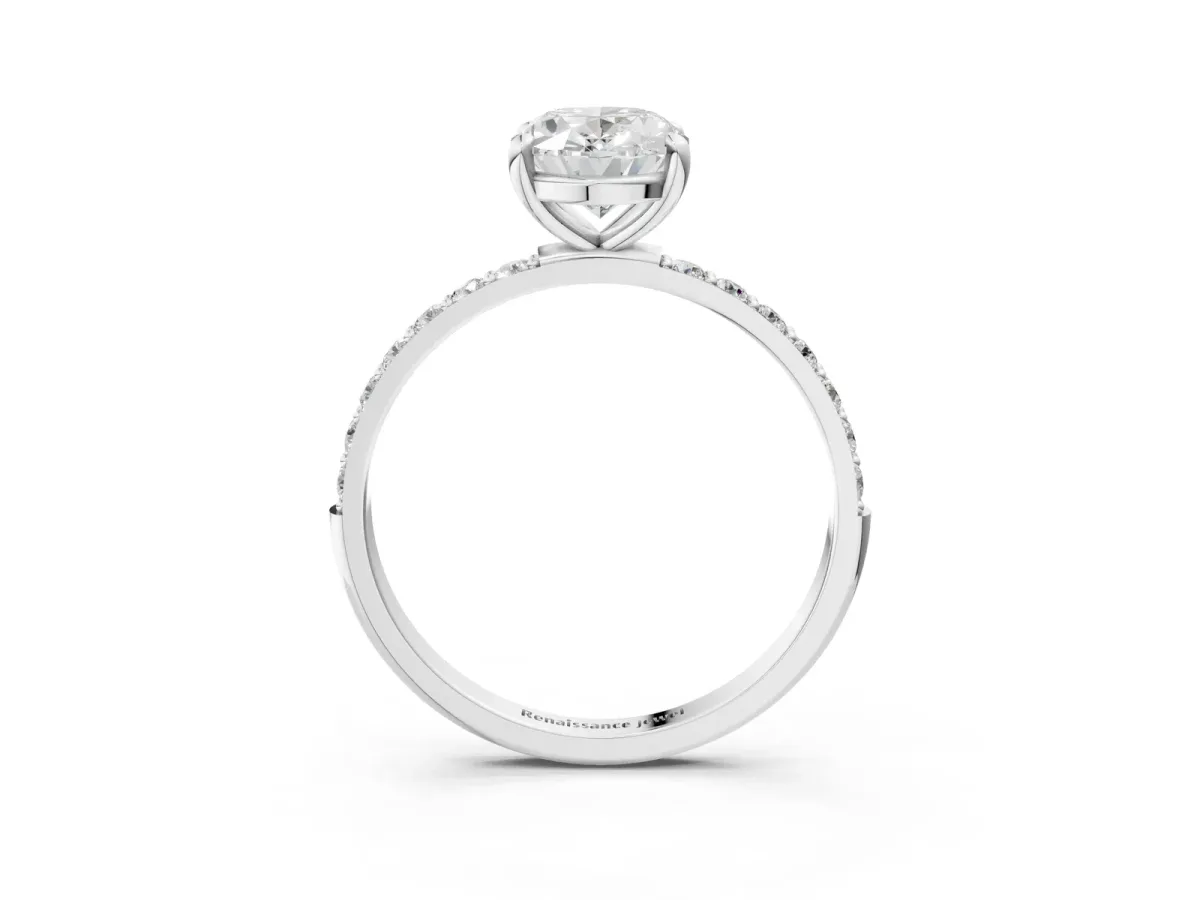Oval Cut Diamond Solitaire Ring with Round Pavé Band and Prong Setting Silver