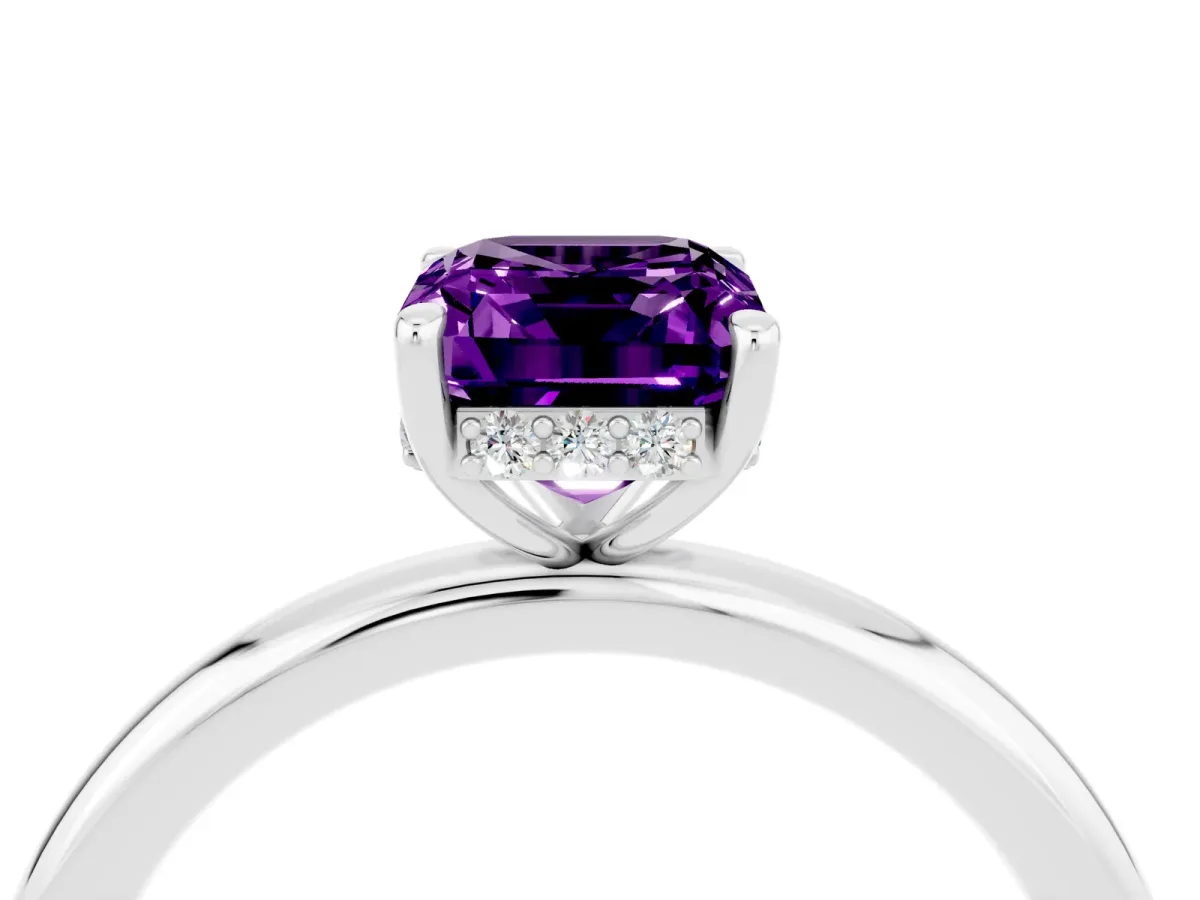 Emerald Cut Amethyst Solitaire Ring with Thin Band and Four-Prong Setting White gold