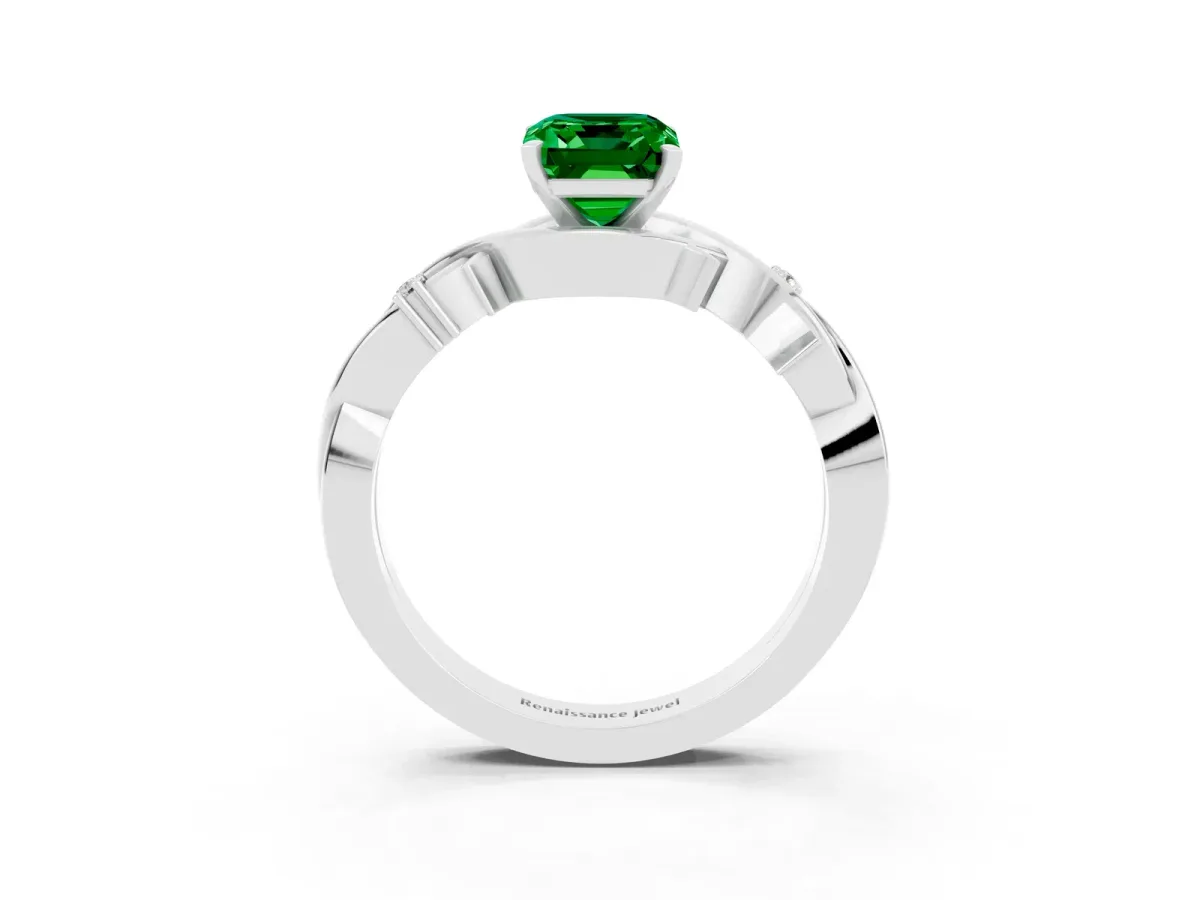 Emerald Cut Emerald Solitaire Ring with Twisted Band and Prong Setting Platinum