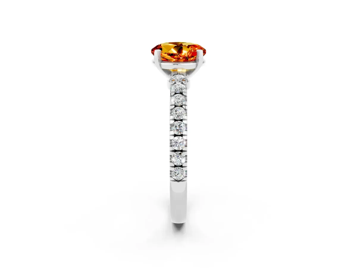 Round Cut Solitaire Citrine with Pavé Band and Four-Prong Setting Silver