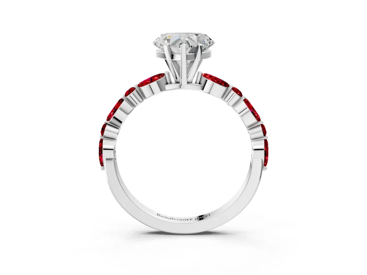 Heart Cut Diamond Ring with Marquise and Round Ruby Side Stones and Four-Prong Setting White gold