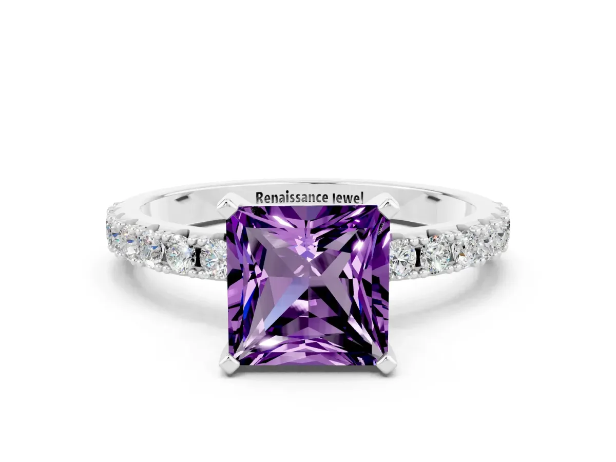Princess Cut Amethyst Solitaire Pavé Band with Four-Prong Setting Silver