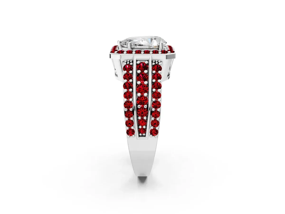 Pear Cut Halo Diamond Ring with Round Ruby Split Shank and Prong Setting Platinum