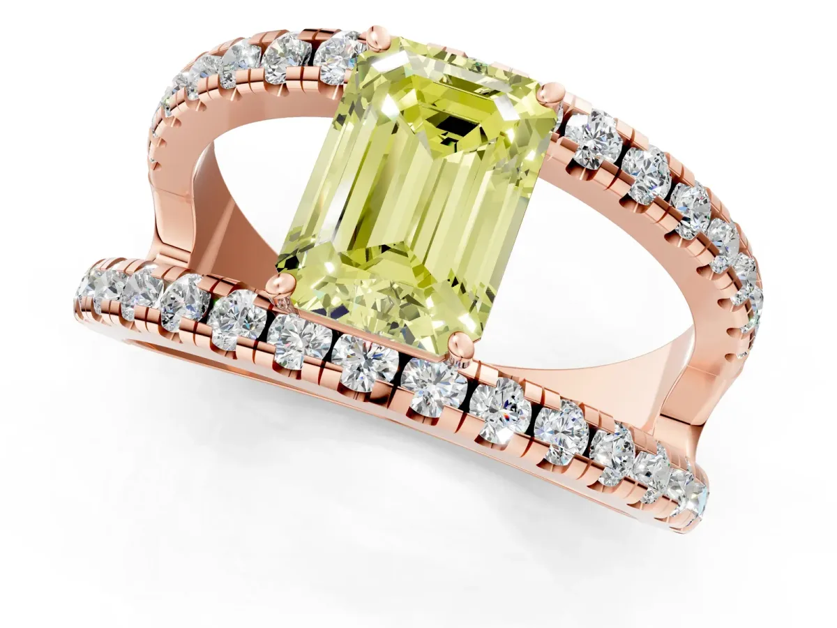 Fancy Yellow Emerald Cut Solitaire Split Shank Pave Diamond Ring Rose gold