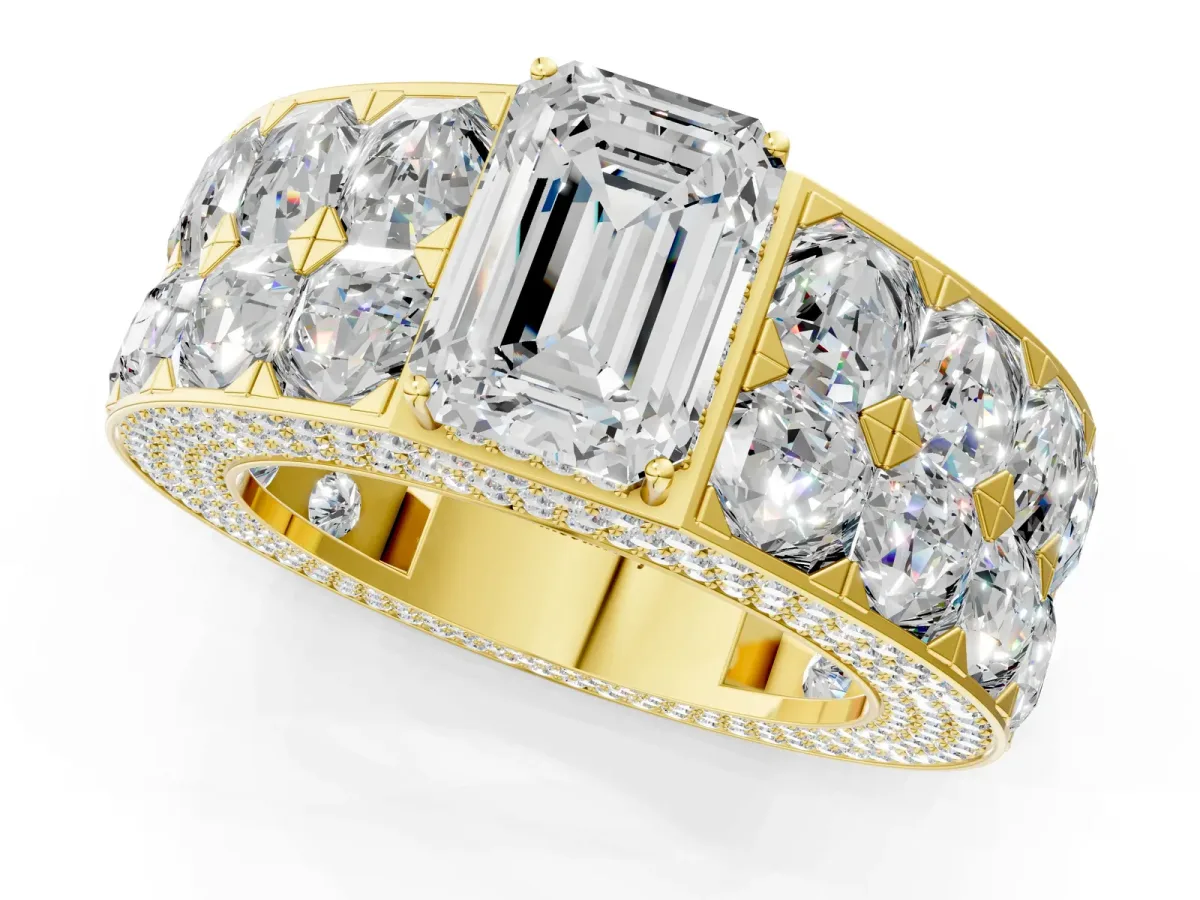 Emerald Cut Diamond Radiant Pavé Mens Ring Yellow gold