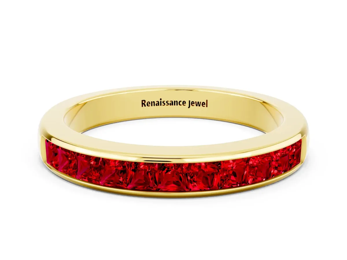 Channel Set Princess Cut Ruby Eternity Band Yellow gold