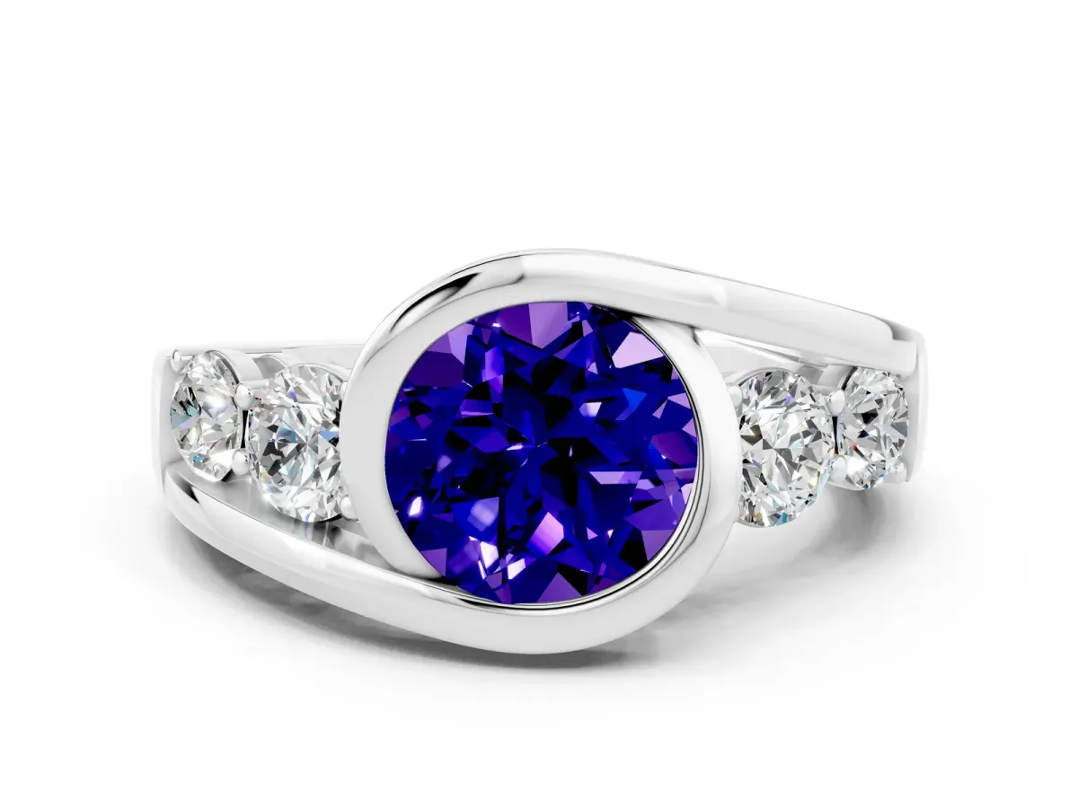 Bezel Set Round Cut Tanzanite Bypass Ring with Round Accents Silver
