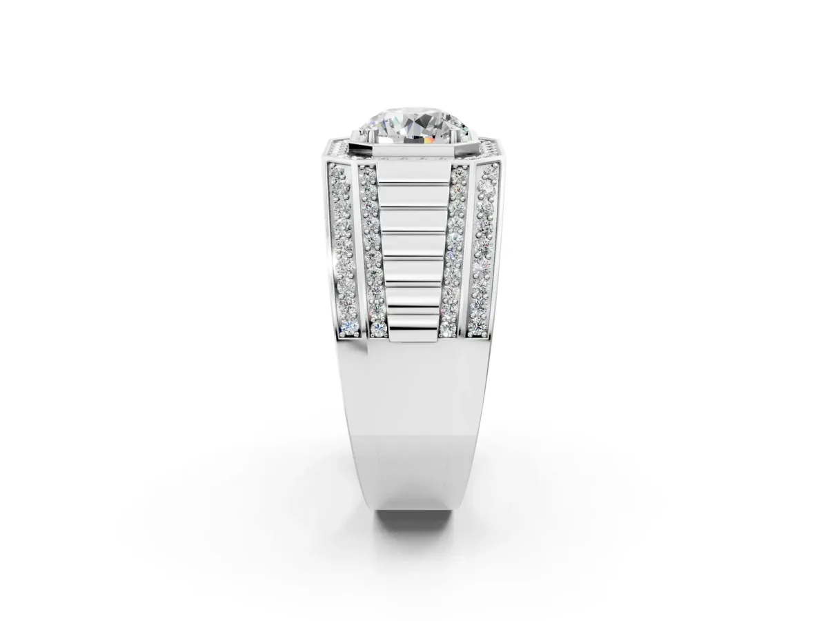 Round Diamond Octagonal Halo Mens Ring with Pavé Accents Silver