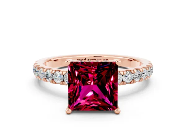 Princess Cut Garnet Pave Band Solitaire Ring with Round and Prong Setting Rose gold