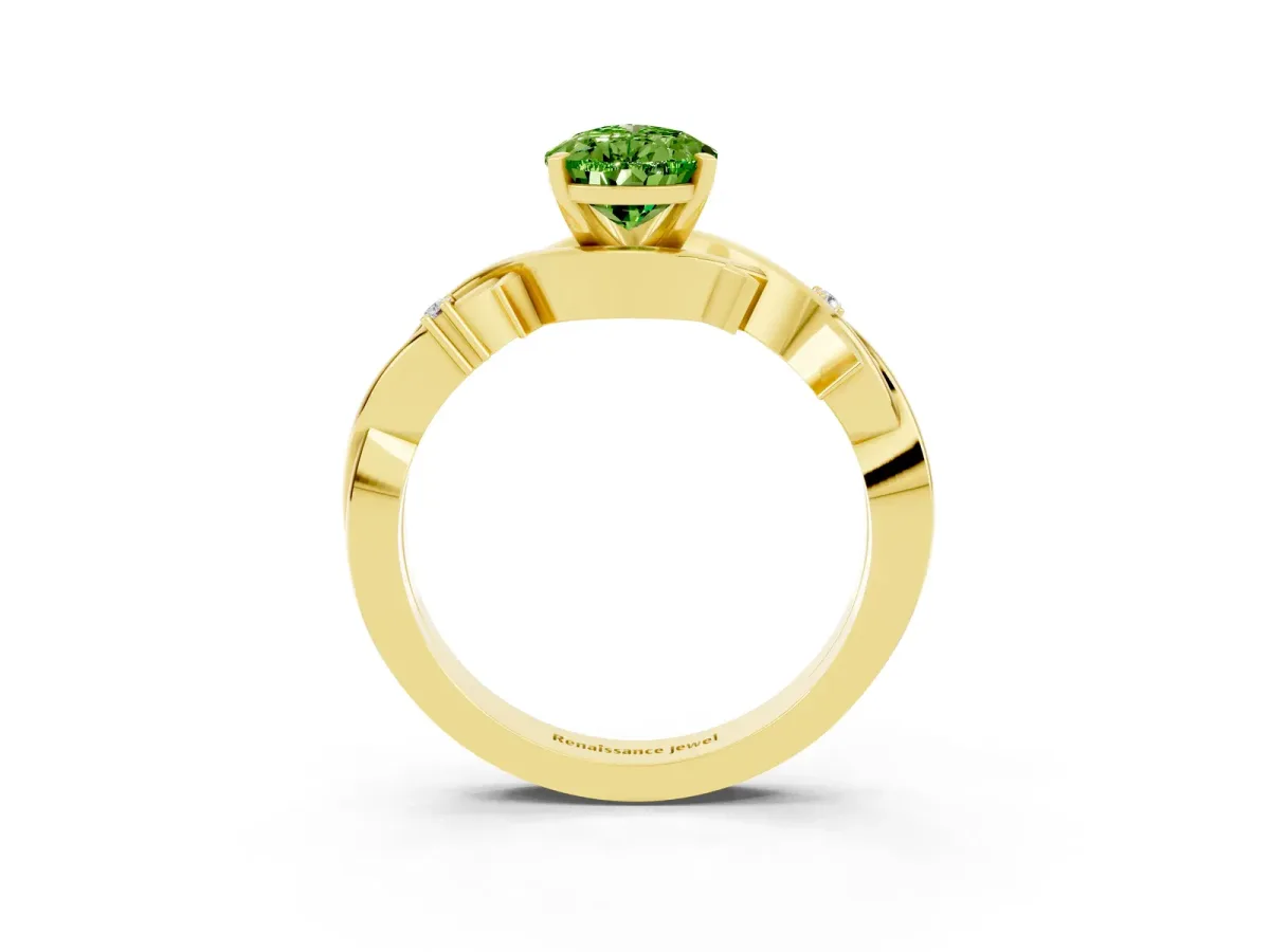 Pear Cut Peridot Solitaire Ring with Twisted Band and Prong Setting Yellow gold