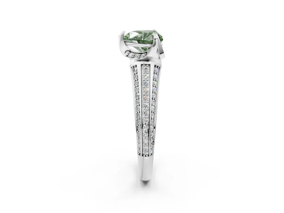 Fancy Green Heart Cut Solitaire Pave Split Shank Ring with Four-Prong Setting Platinum