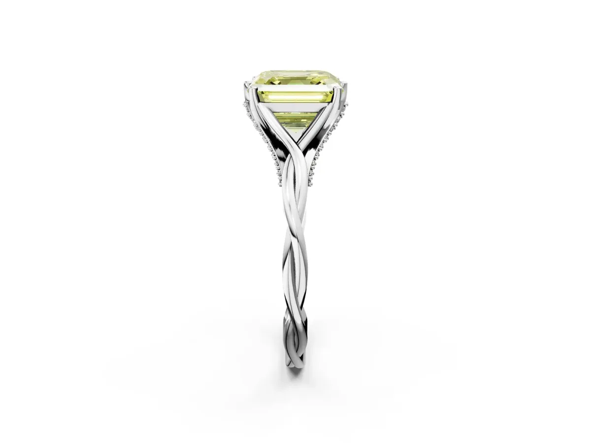 Fancy Yellow Asscher Cut Solitaire Twist Band Six-Prong Setting Platinum
