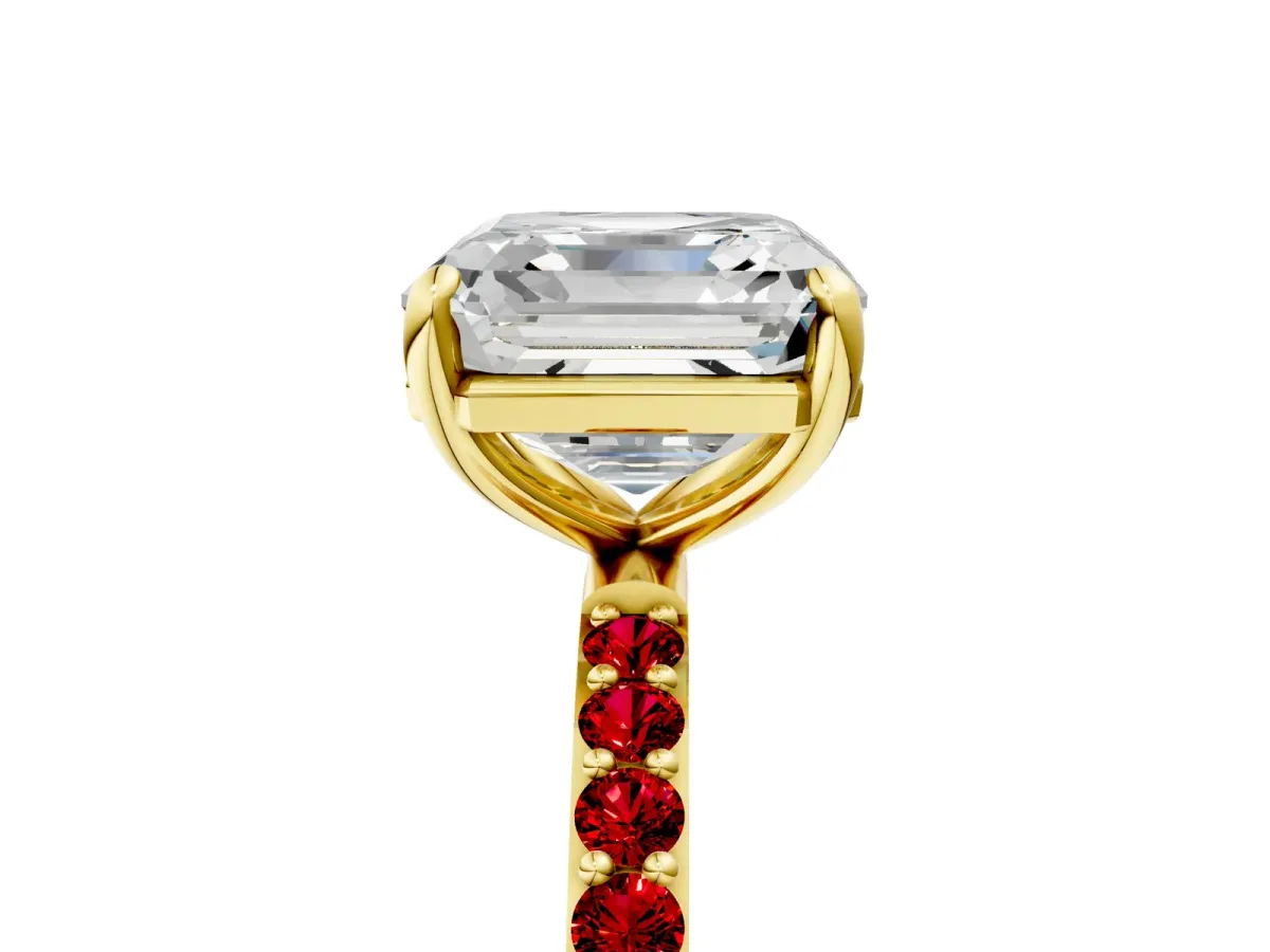 Asscher Cut Diamond Solitaire Ring with Round Ruby Pavé Band and Prong Setting Yellow gold
