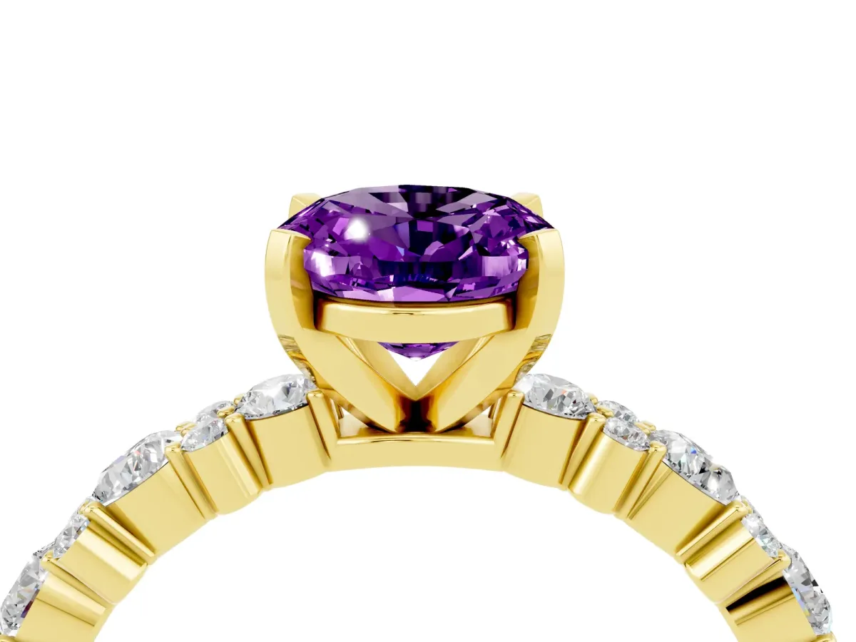 Oval Cut Amethyst Side Stone Solitaire Ring with Round and Four-Prong Setting Yellow gold