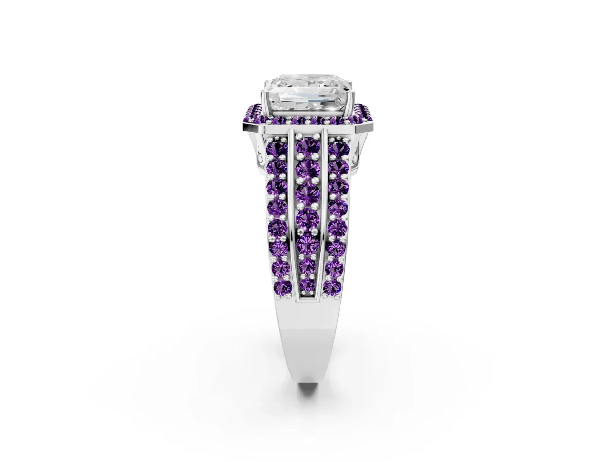 Princess Cut Halo Diamond Ring with Round Amethyst Split Shank and Prong Setting Silver