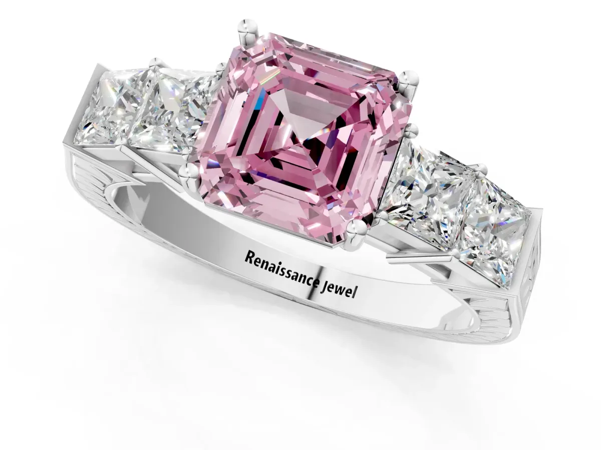 Fancy Pink Asscher Cut Solitaire Princess Side Stone Engraved Band Prong Setting Ring Silver