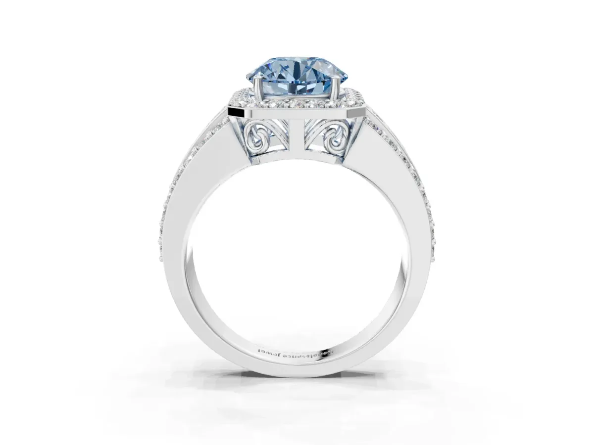 Fancy Blue Round Cut Halo Diamond Ring with Round Split Shank and Prong Setting White gold