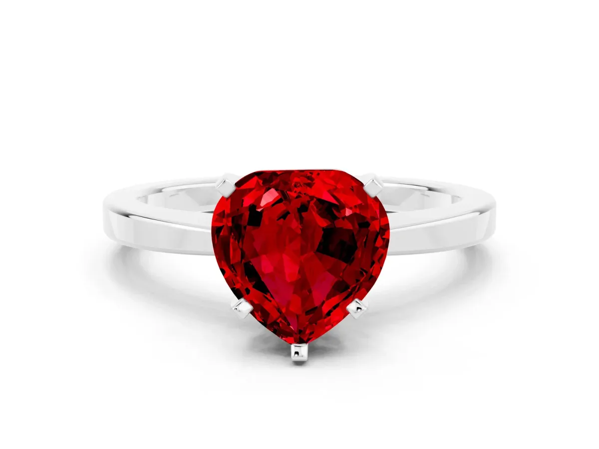 Heart Cut Ruby Solitaire Engagement Ring with Classic Band and Four-Prong Setting Silver