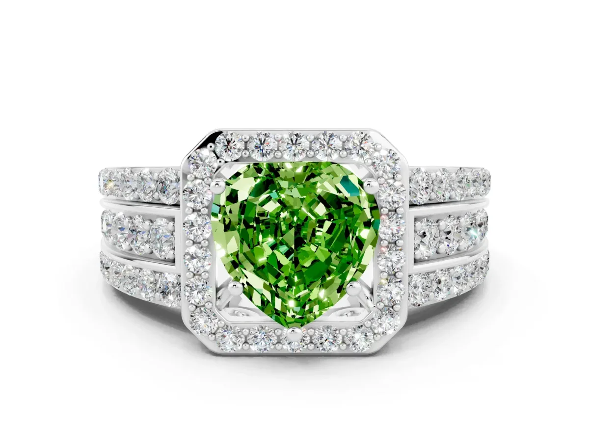 Heart Cut Halo Peridot Ring with Round Split Shank and Prong Setting Platinum