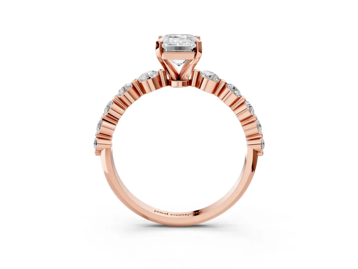 Emerald Cut Solitaire Diamond Ring with Pave Band and Four-Prong Setting Rose gold