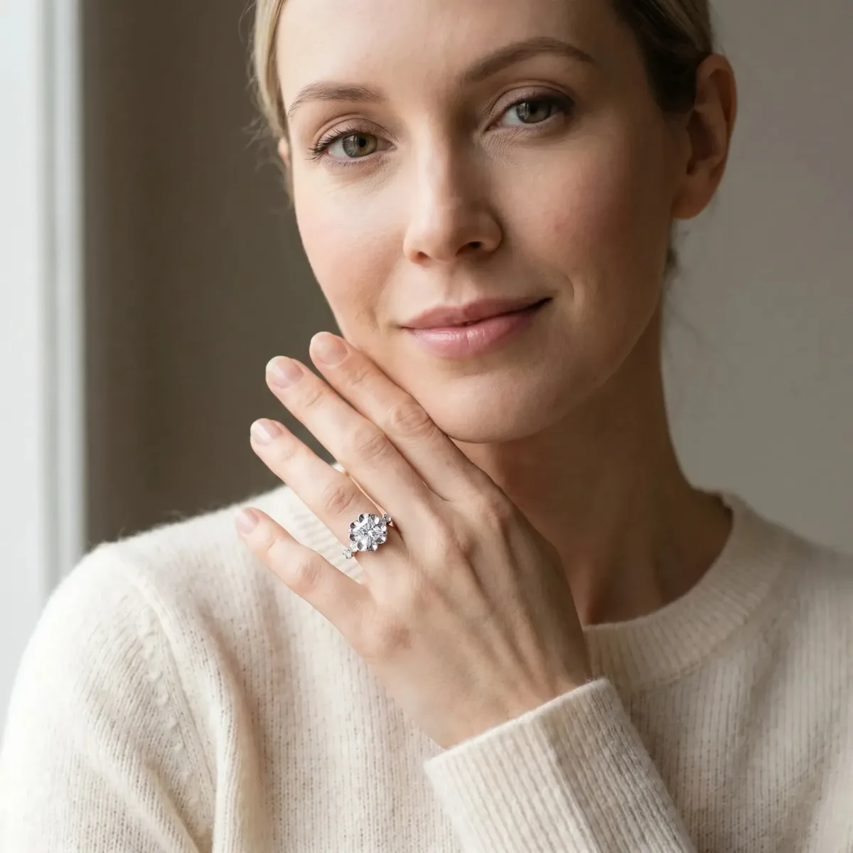 Princess Cut Cut Diamond Floral Halo Engagement Ring with Shared Prong Setting Silver