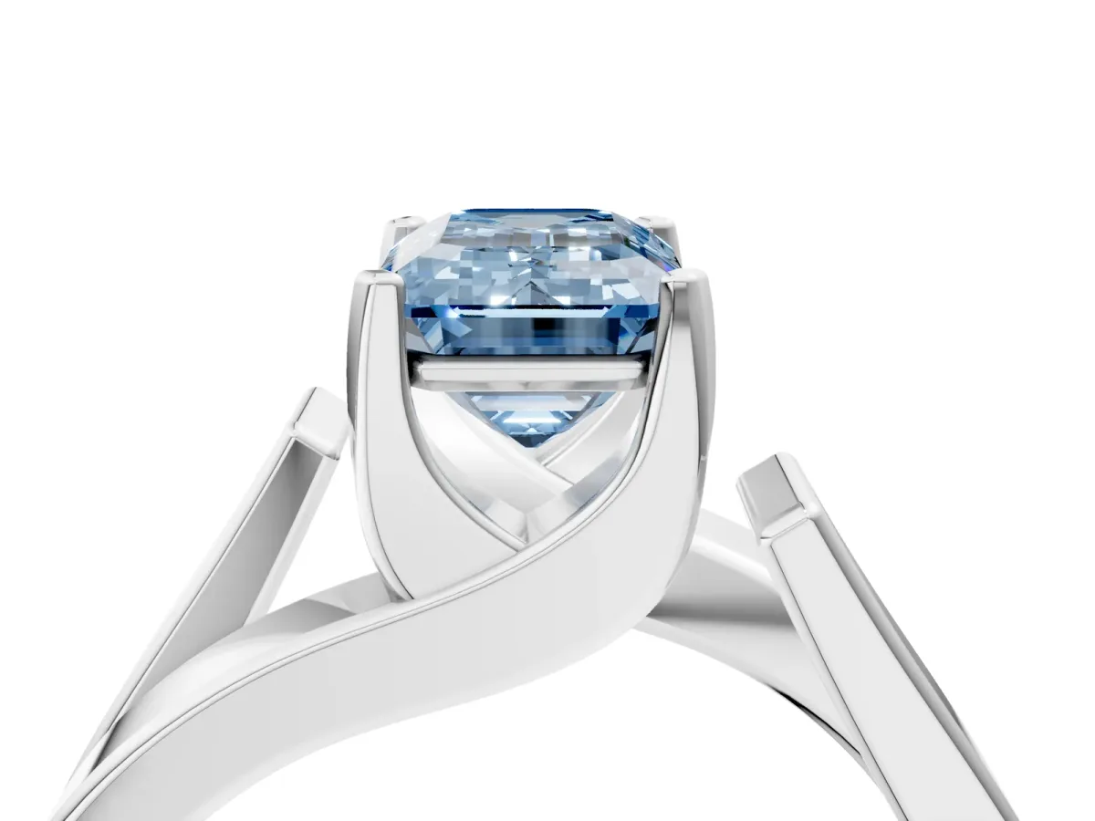 Fancy Blue Modern Tension Set Emerald Cut Diamond Solitaire Wide Band Ring Silver