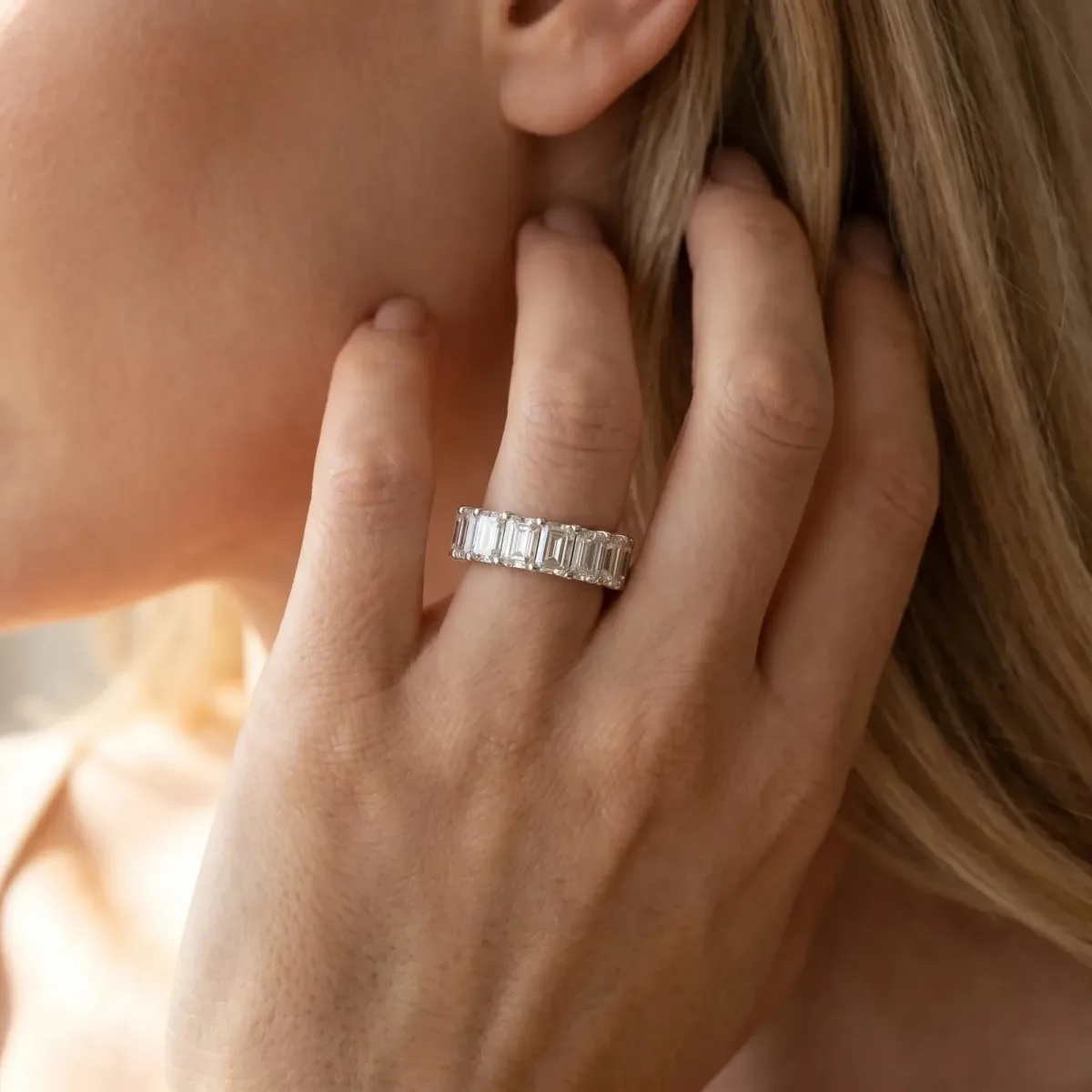 Emerald Cut Diamond Eternity Band with Shared Prong Setting Platinum