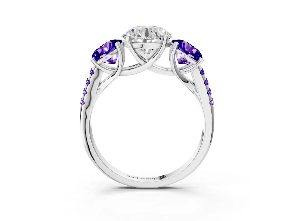 Three-Stone Round Cut Diamond Ring with Round Tanzanite Pavé Band and Prong Setting Silver