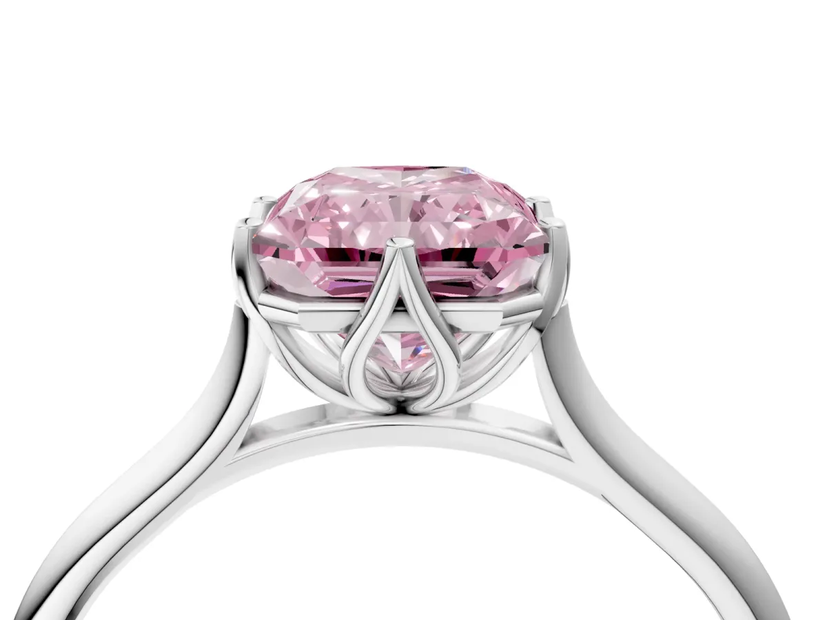 Fancy Pink Radiant Cut Solitaire Cathedral Diamond Ring with Six-Prong Setting Platinum