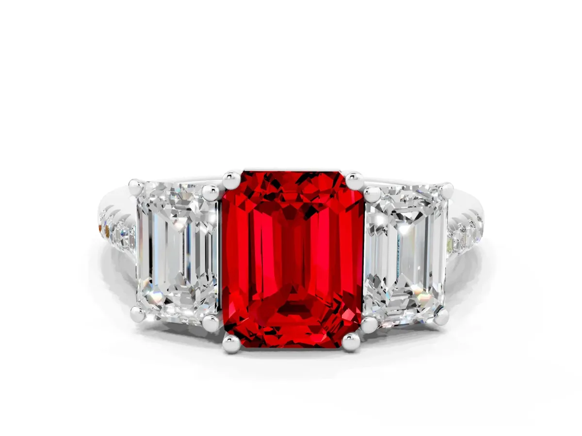 Three-Stone Emerald Cut Ruby Ring with Round Pavé Band and Prong Setting White gold