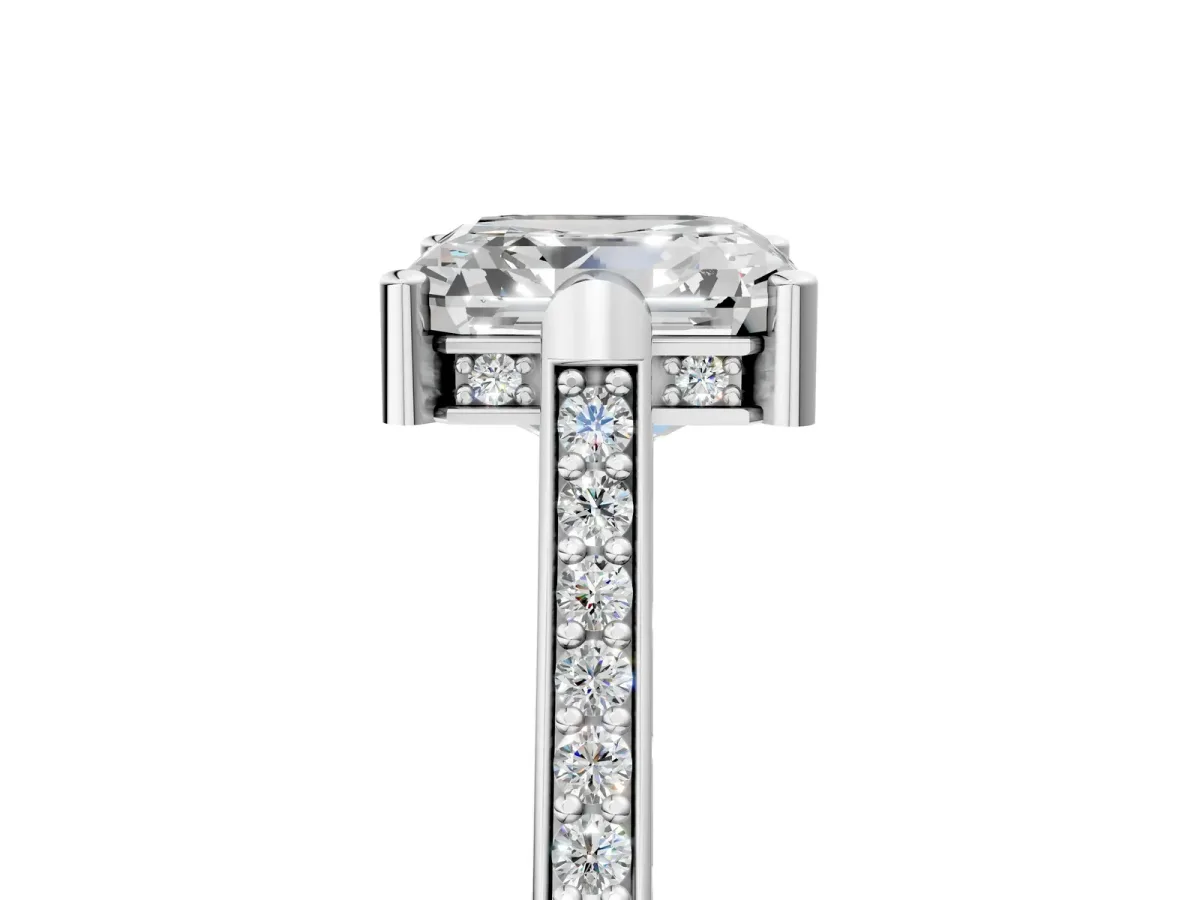 Asscher Cut Solitaire Diamond Ring with Channel Set Band and Bezel Prong Setting Platinum