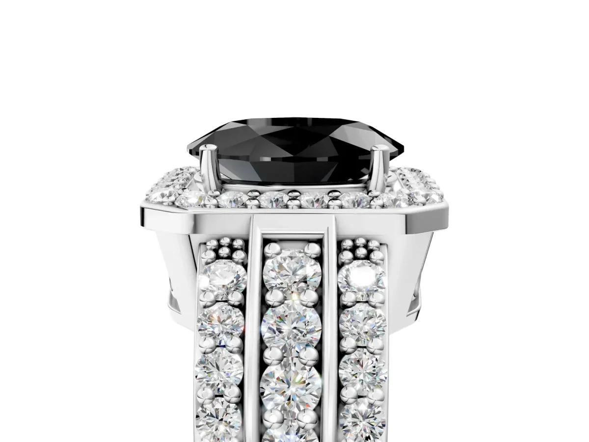 Fancy Black Oval Cut Halo Diamond Ring with Round Split Shank and Prong Setting Silver