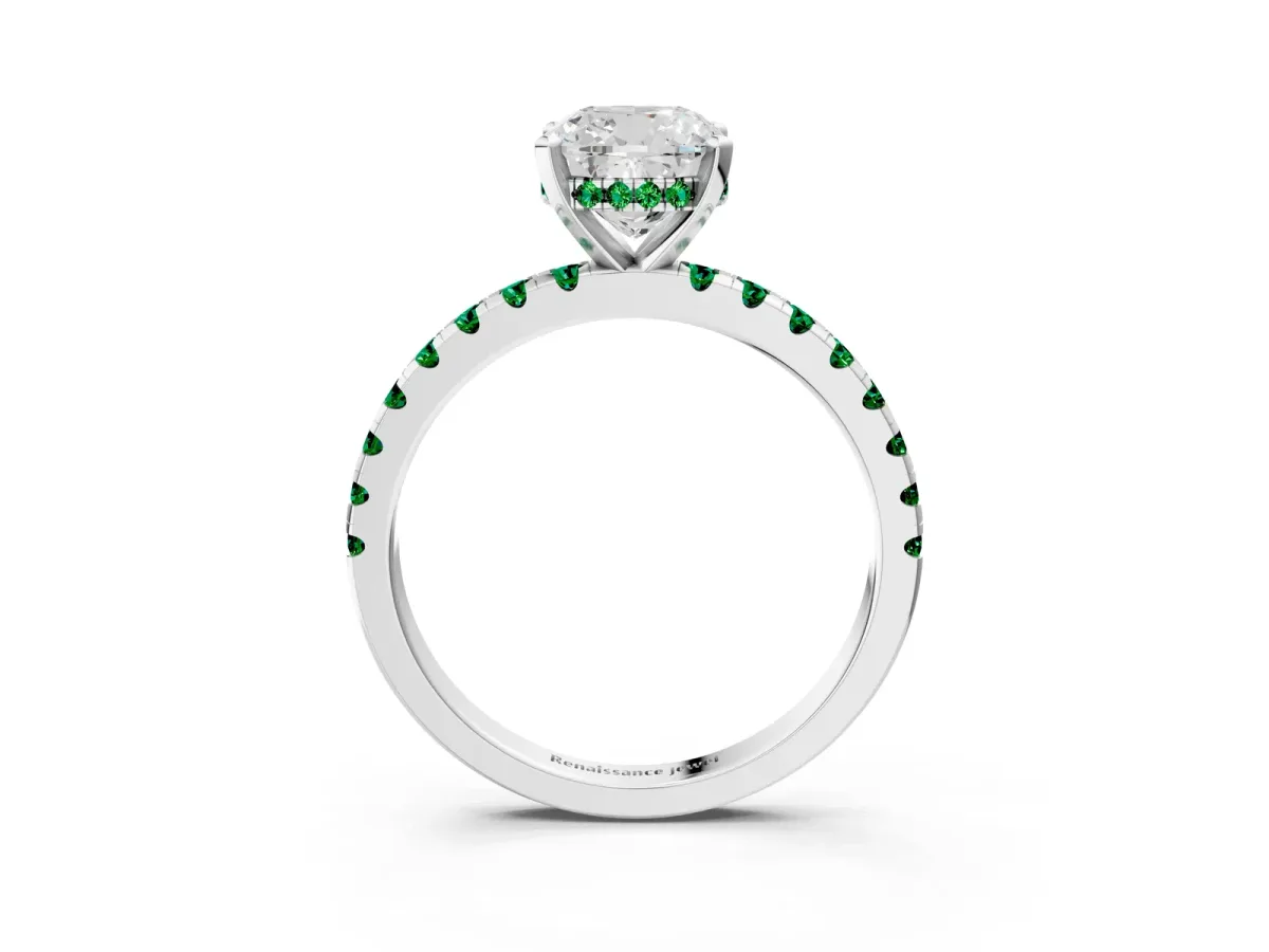 Cushion Cut Diamond Solitaire Ring with Round Emerald Pavé Band and Four-Prong Setting Silver