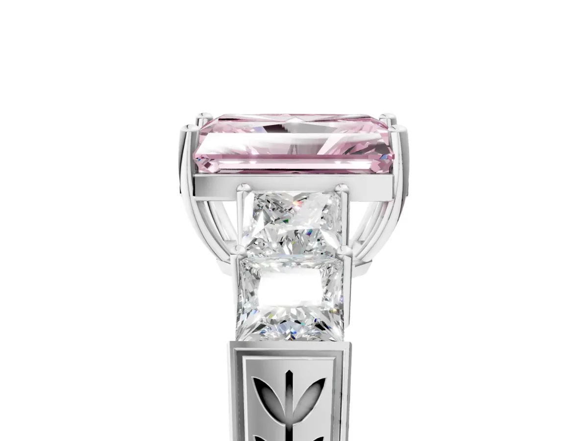 Fancy Pink Radiant Cut Solitaire Princess Side Stone Engraved Band Prong Setting Ring Platinum