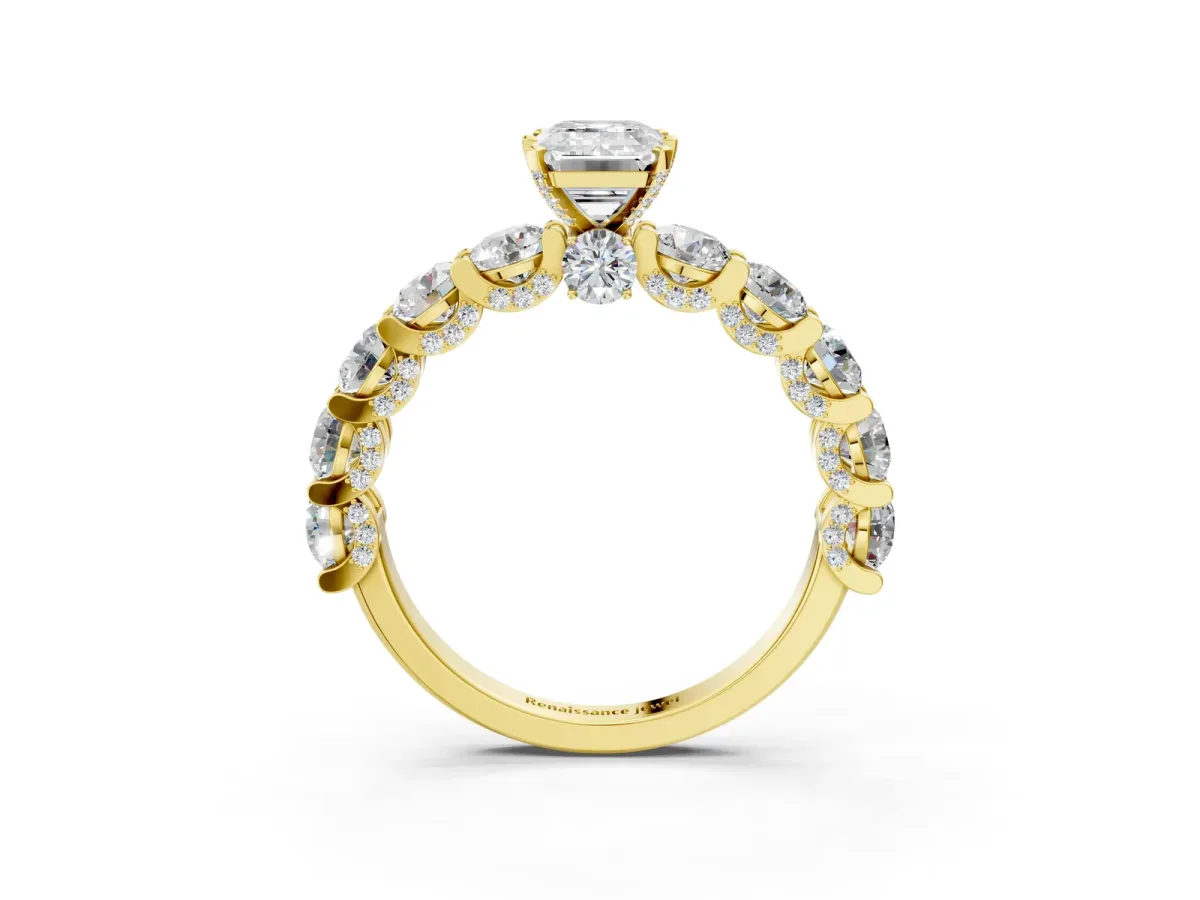 Emerald Cut Diamond Side Stone Engagement Ring with Four-Prong Setting Yellow gold