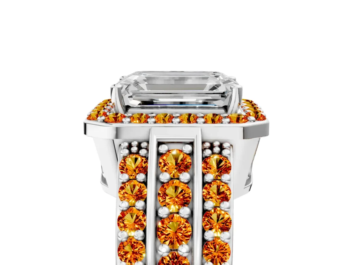 Emerald Cut Halo Diamond Ring with Round Citrine Split Shank and Prong Setting Silver