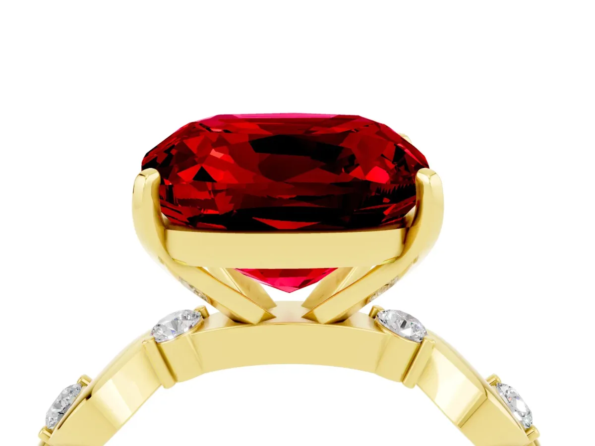 Cushion Cut Ruby Solitaire Twisted Band with Round Accents and Prong Setting Yellow gold