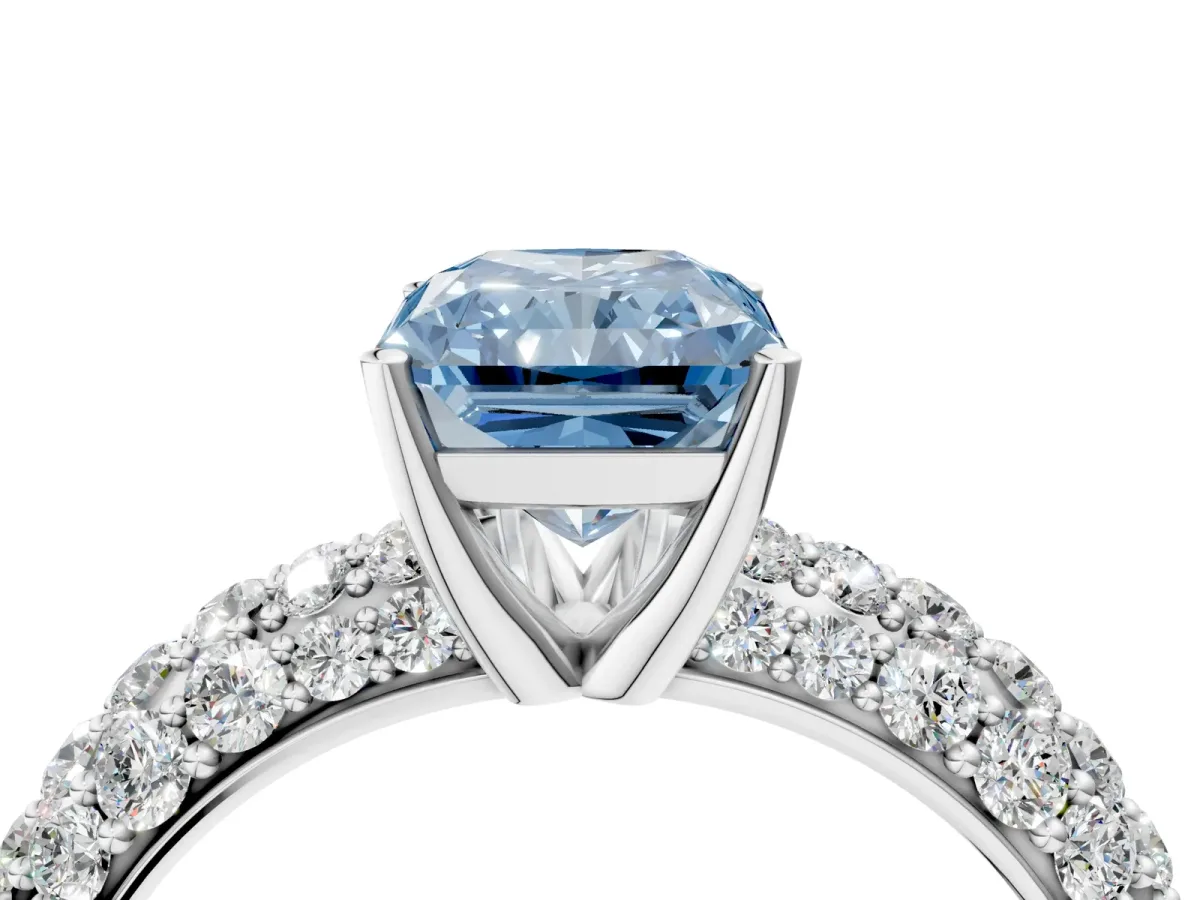 Fancy Blue Radiant Cut Diamond Pavé Band Solitaire Ring with Four-Prong Setting Platinum