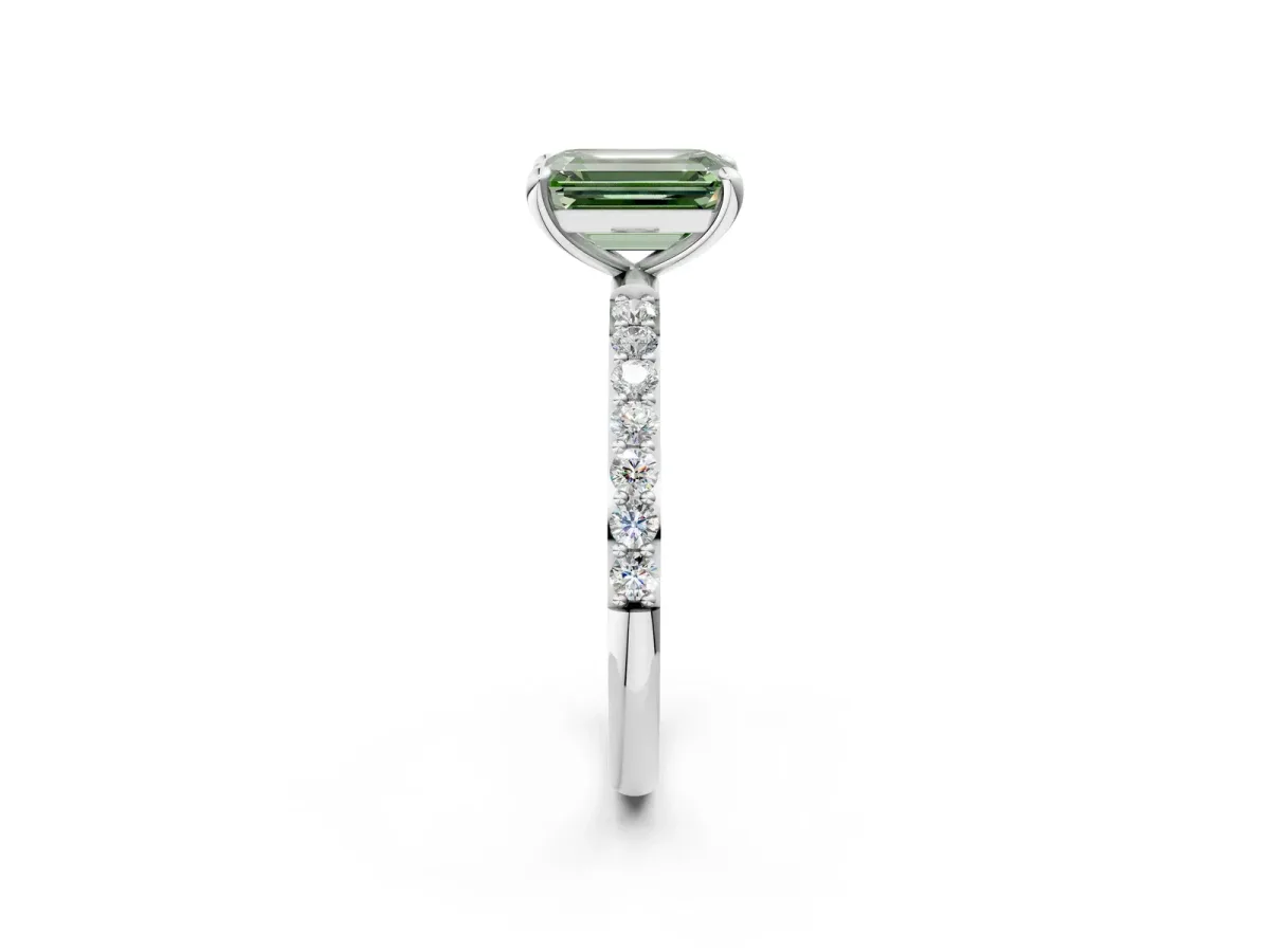 Fancy Green Emerald Cut Diamond Solitaire Ring with Round Pavé Band and Prong Setting Silver