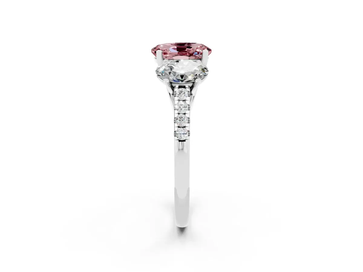 Three-Stone Oval Cut Morganite Ring with Round Pavé Band and Prong Setting Silver