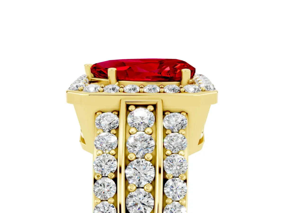 Pear Cut Halo Ruby Ring with Round Split Shank and Prong Setting Yellow gold