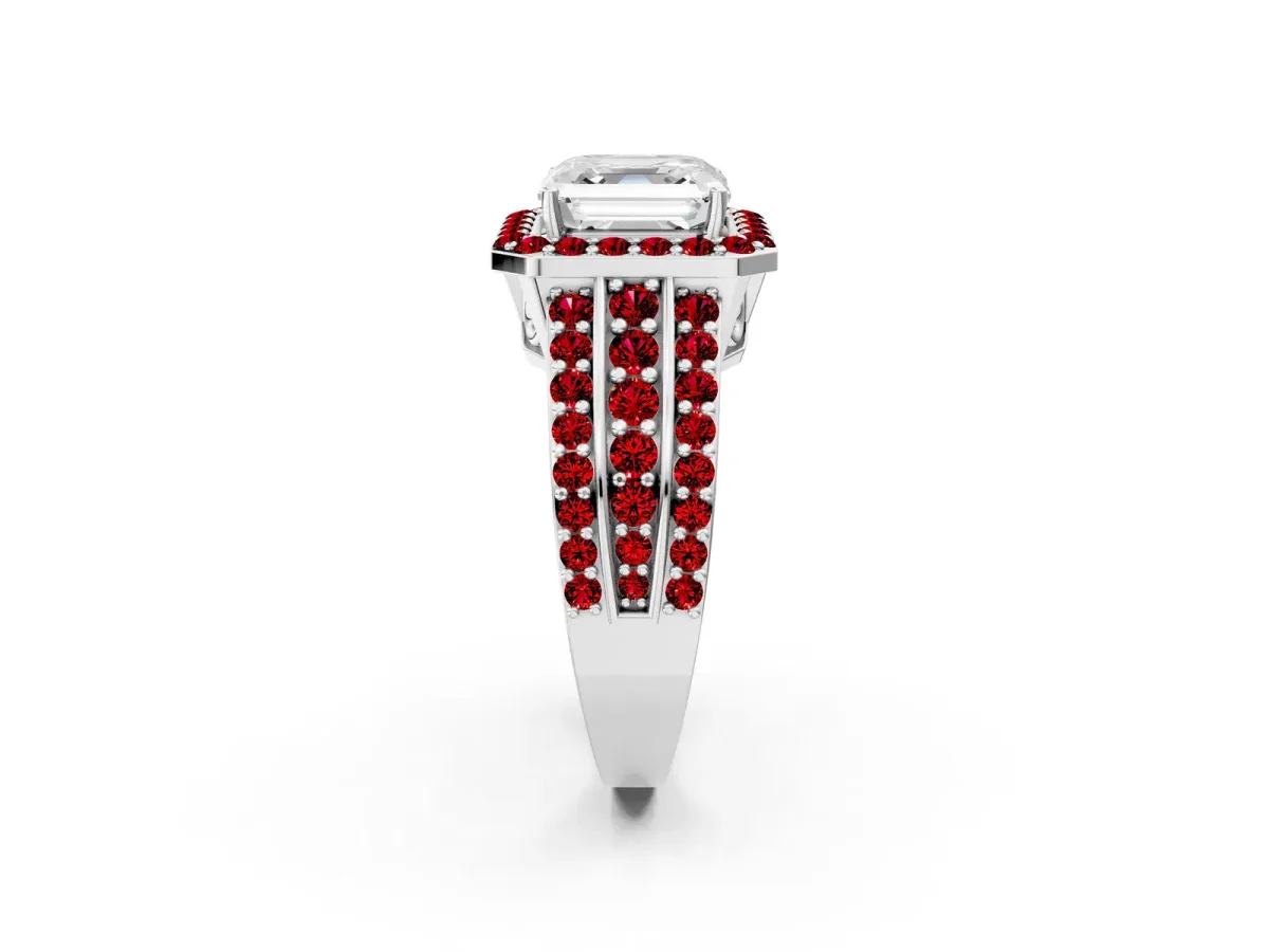 Asscher Cut Halo Diamond Ring with Round Ruby Split Shank and Prong Setting Platinum