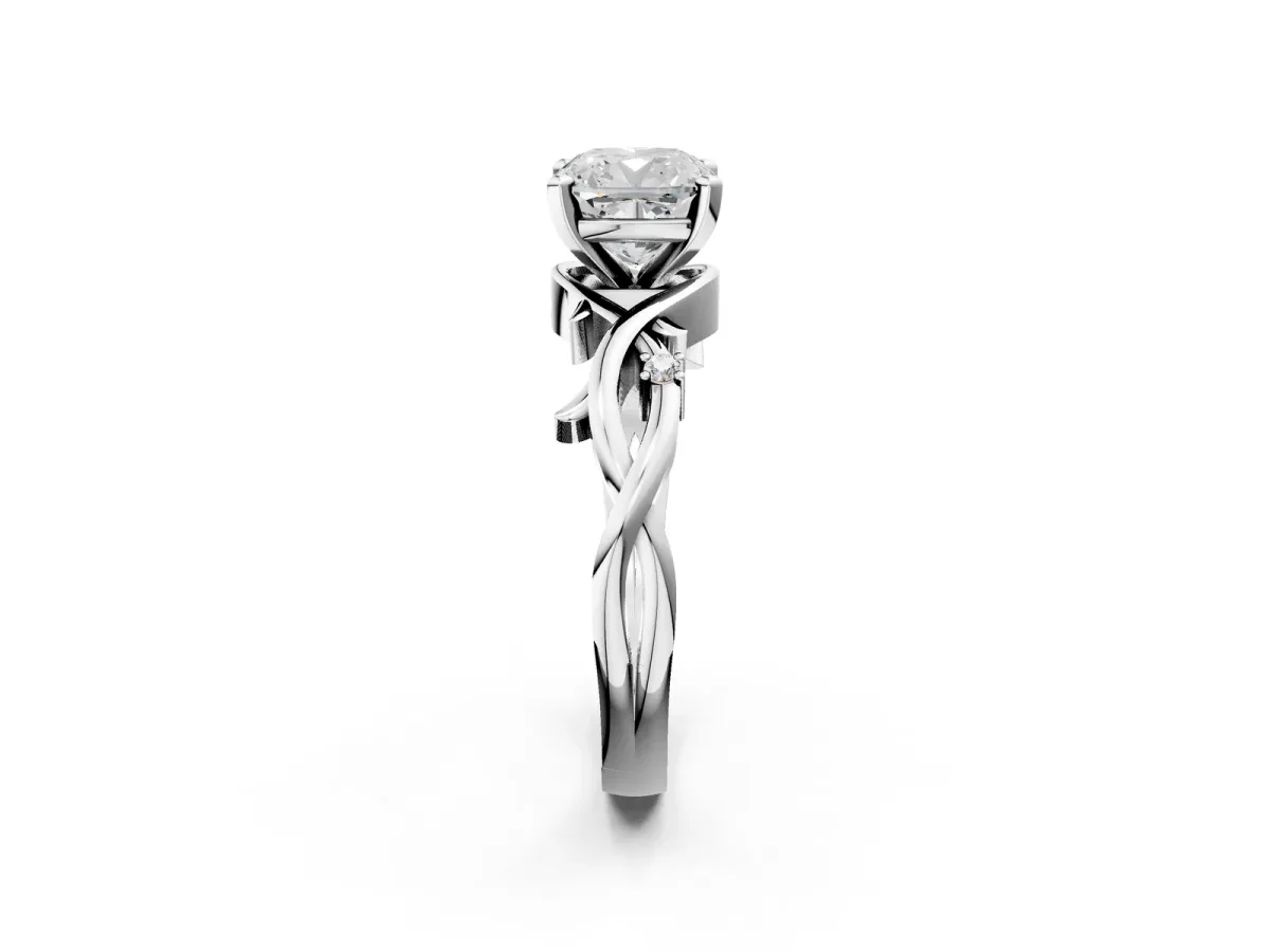 Cushion Cut Diamond Solitaire Ring with Twisted Band and Prong Setting Silver
